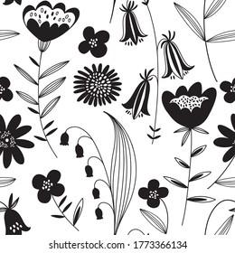 Seamless vector pattern with abstract flowers on white. Floral cartoon background. Black and white.