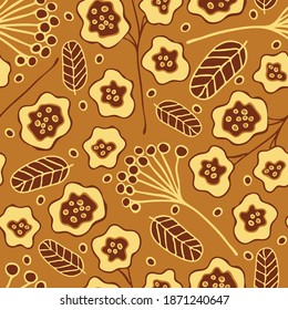 Seamless vector pattern with abstract flowers on brown background. Ditsy floral wallpaper design. Modern nature texture fashion textile.