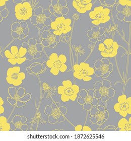 Seamless vector pattern with abstract flowers on gray. Floral art background. Perfect for design templates, wallpaper, wrapping, fabric and textile.