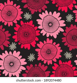 Seamless vector pattern with abstract flowers on black. Perfect for design templates, wallpaper, wrapping, fabric and textile.