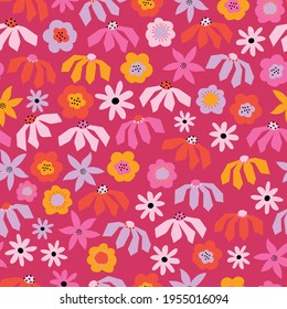 Seamless vector pattern abstract flowers pink red purple burgundy maroon. Floral repeating pattern for wallpaper, fashion fabric, textiles, home decor. Hand drawn vector surface pattern design