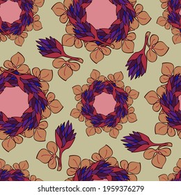 Seamless vector pattern with abstract flowers and leaves in circles in pastel tones. The design is perfect for textiles, backgrounds, wrapping paper, wallpaper, stationary, surfaces