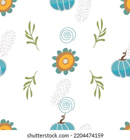 Seamless vector pattern with abstract flowers, pumpkin, autumn vibes, suitable for Thanksgiving, Halloween.