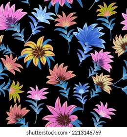 Seamless vector pattern with abstract flowers on black background.  Floral decorative illustration for print design, fabric