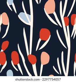 Seamless vector pattern with abstract flowers and leaves on dark blue background. decorative elements wallpaper