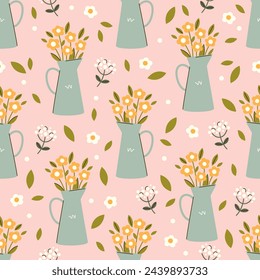 Seamless vector pattern with abstract flowers in a jug. Hand drawn bouquet in flat style with line details on pink background. Country floral wallpaper, wrapping paper