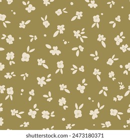 Seamless vector pattern with abstract flowers and leaves country style floral background. Cottagecore vintage aesthetic. Wallpaper, wrapping paper, surface design