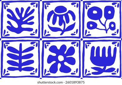 Seamless vector pattern of abstract flowers and plants in blue color in modern style, tiles.