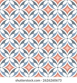 Seamless vector pattern with abstract flowers and geometric shapes.