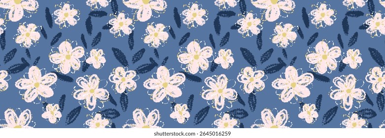 Seamless vector pattern with abstract flowers and leaves on a navy blue background. Hand drawn crayon texture floral. Template for design, ornament, cover, stationary, fabric, kids decor