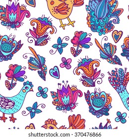 Seamless vector pattern with abstract flowers and leaves and chicken birds. suitable for textiles or paper. You can change the background.