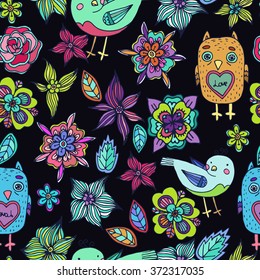 Seamless vector pattern with abstract flowers and leaves and chicken and owl birds. suitable for textiles or paper. You can change the background.