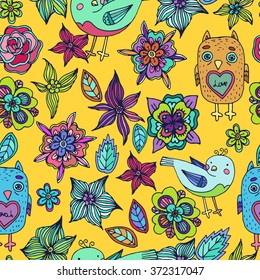 Seamless vector pattern with abstract flowers and leaves and chicken and owl birds. suitable for textiles or paper. You can change the background.