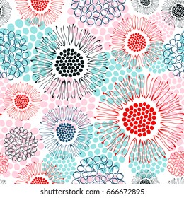 Seamless vector pattern with abstract flowers and circles.