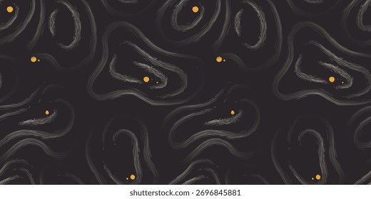 Um padrão vetorial sem emenda com linhas abstratas e fluidas que lembram grãos de madeira líquida. Apresenta redemoinhos texturizados brancos e pequenos pontos amarelos em um fundo escuro. Textura orgânica moderna.