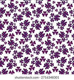 Patrón de Vector sin fisuras con flores abstractas de cuatro pétalos en tonos morados sobre blanco, ideal para textiles, papel de regalo, fondos y decoración.