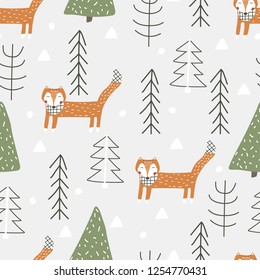 Seamless vector pattern with abstract foxes. Scandinavian style.