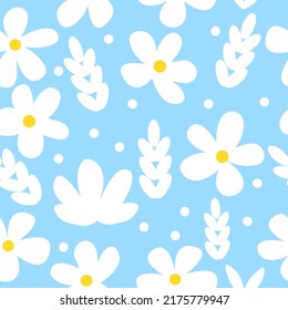 Seamless vector pattern of abstract garden flower, plants, botanical design for fashion, fabric, wallpaper and all prints on blue background color. 