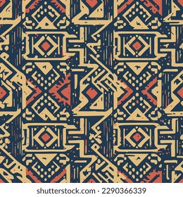 Seamless vector pattern. Abstract geometric red and yellow elements on a blue background. Traditional ethnic style. Surface design. Decorative graphic texture. 