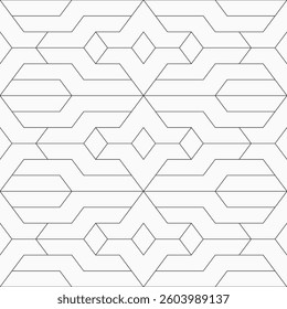 Seamless vector pattern. Abstract geometric linear background. Regularly repeating geometric ornament with simple geometric shapes. Black and white geometric background.