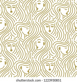 Seamless vector pattern of abstract gold female heads with curling hair