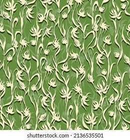 Seamless vector pattern of abstract graphic floral elements of light yellow color with dark green shadow isolated on a green background