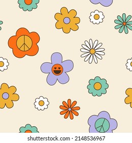 Seamless Vector Pattern With Abstract Groovy Flowers. 70s, 80s, 90s Vibes Funky Floral Background. Vintage Nostalgia Texture For Design And Print