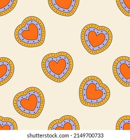 Seamless vector pattern with abstract groovy heart with ornament. 70s, 80s, 90s vibes funky background. Vintage nostalgia texture with love symbol for design and print