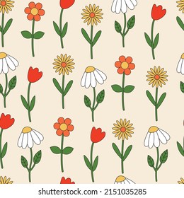 Seamless vector pattern with abstract groovy flowers. 70s, 80s psychedelic floral background. Vintage nostalgia texture for design and print
