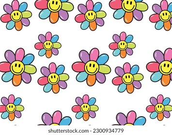 Seamless vector pattern with abstract groovy flowers colorful color. 70s, 80s floral background. Vintage texture for design and print