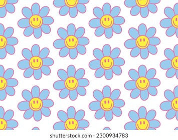 Seamless vector pattern with abstract groovy flowers blue color. 70s, 80s floral background. Vintage texture for design and print