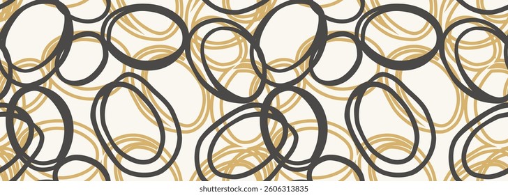 Seamless vector pattern with abstract hand drawn circles in black and gold on a light background. The overlapping rings create a modern, artistic, and dynamic composition