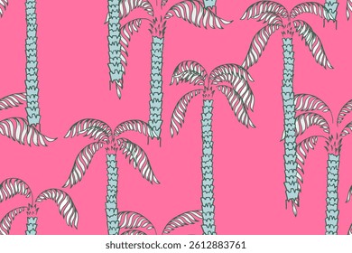 Seamless vector pattern with abstract hand drawn palm trees in blue tones on a vibrant pink background. Tropical and artistic, perfect for summer themed design, textiles, wallpapers, fashion, branding