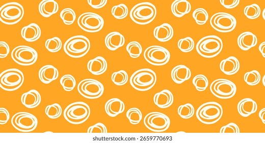 Seamless vector pattern with abstract hand drawn circles in white on a bright yellow background. Modern, bold, and stylish design, simple ornament print for textiles, wallpapers, branding