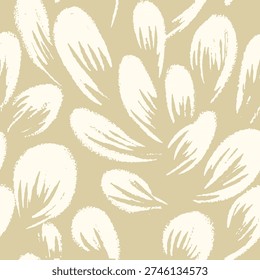 Seamless vector pattern with abstract hand drawn leaves in soft beige and cream tones. Organic brush textures and simple botanical shapes create a modern natural decorative background