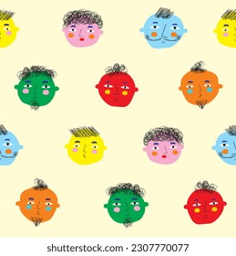 Seamless Vector Pattern with Abstract Happy Colorful People with Various Hair Style. Hand Drawn Vector Cartoon Human Faces. Contemporary Style Print with People Cartoon Characters.Trendy Modern Print.