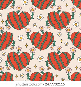 Seamless vector pattern with abstract heart wrapped with bindweed flowers. Psychedelic background with symbol of love. Naive art, groovy design. Trippy creeper outline texture