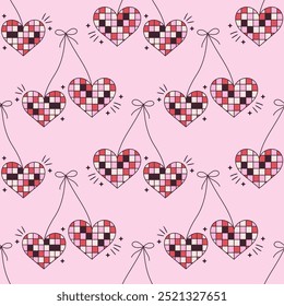 Padrão de vetor sem emenda com bolas de disco abstratas em forma de coração. 70s estilo doodle corações no fundo rosa. Textura funky para papel de parede, papel de embrulho, design têxtil