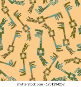 Seamless vector pattern abstract illustration design of keys in pastel colors on yellow. The design is perfect for stickers, badges, logos, icons, decorations, stationary