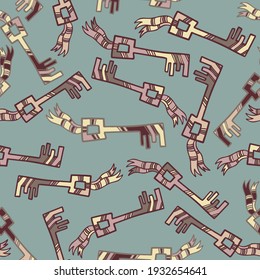Seamless vector pattern abstract illustration design of keys in pastel colors on grey. The design is perfect for stickers, badges, logos, icons, decorations, stationary