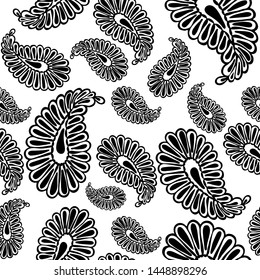 Seamless vector pattern. A pattern of abstract Indian cucumbers. Black and white graphics. Black outline drawing of Indian cucumbers on a white background.