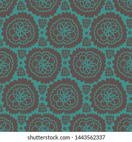 A seamless vector pattern with abstract lacy shapes in teal and brown. Srface print design.