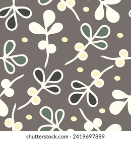 Seamless vector pattern with abstract leaf and dots on grey background. Simple artistic nature wallpaper design. Decorative floral fashion textile.