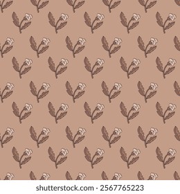 Seamless vector pattern with abstract leaf motifs in warm Mocha Mousse shades on a dark background. Ideal for wallpapers, packaging, and fabric projects.