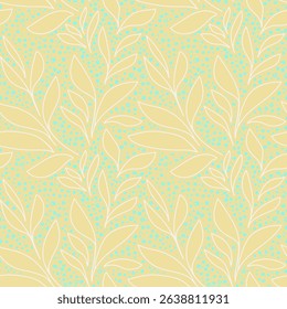 Seamless vector pattern with abstract leaves and delicate blue dots on a soft yellow background. Simple design for textiles, packaging, stationery, modern botanical themed 