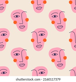 Seamless vector pattern with abstract line art face with one eye. Hand drawn woman silhouette on light background. Contemporary doodle art texture
