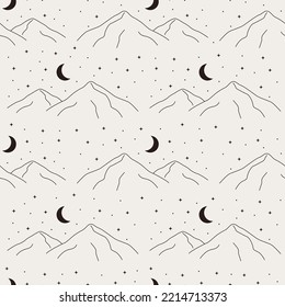 Seamless vector pattern with abstract line art mountains. Hand drawn night landscape background with hills silhouette, moon and stars. Boho minimalist texture for wallpaper, wrapping paper, textile 