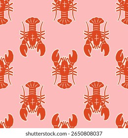Padrão de vetor sem emenda com ilustração de lagosta abstrata. Marisco desenhado à mão sobre fundo rosa. Impressão de verão mediterrânea para papel de parede, papel de embrulho, design têxtil