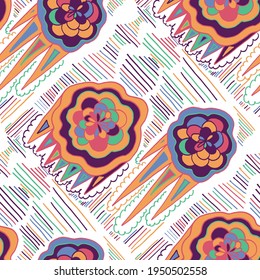 Seamless vector pattern with abstract modern doodles. Bright summer print. Trendy colorful background. Vintage geometric doodles. 