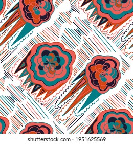 Seamless vector pattern with abstract modern doodles. Bright summer print. Trendy colorful background. Vintage geometric doodles.	